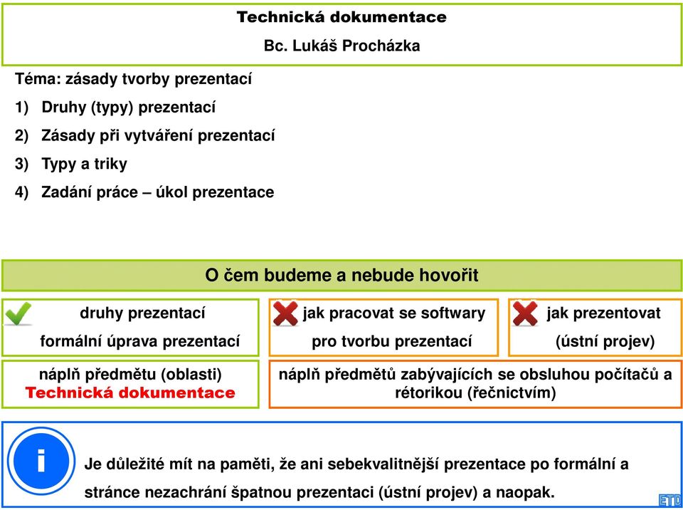 prezentace O čem budeme a nebude hovořit druhy prezentací formální úprava prezentací jak pracovat se softwary pro tvorbu prezentací jak prezentovat