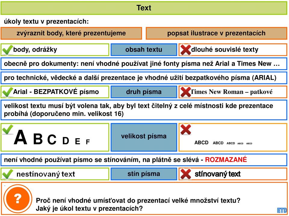 Roman patkové velikost textu musí být volena tak, aby byl text čitelný z celé místnosti kde prezentace probíhá (doporučeno min.