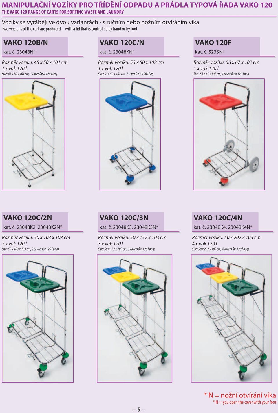 23048N* Rozměr vozíku: 45 x 50 x 101 cm 1 x vak 120 l Size: 45 x 50 x 101 cm, 1 cover for a 120 l bag Vako 120C/N kat. č.