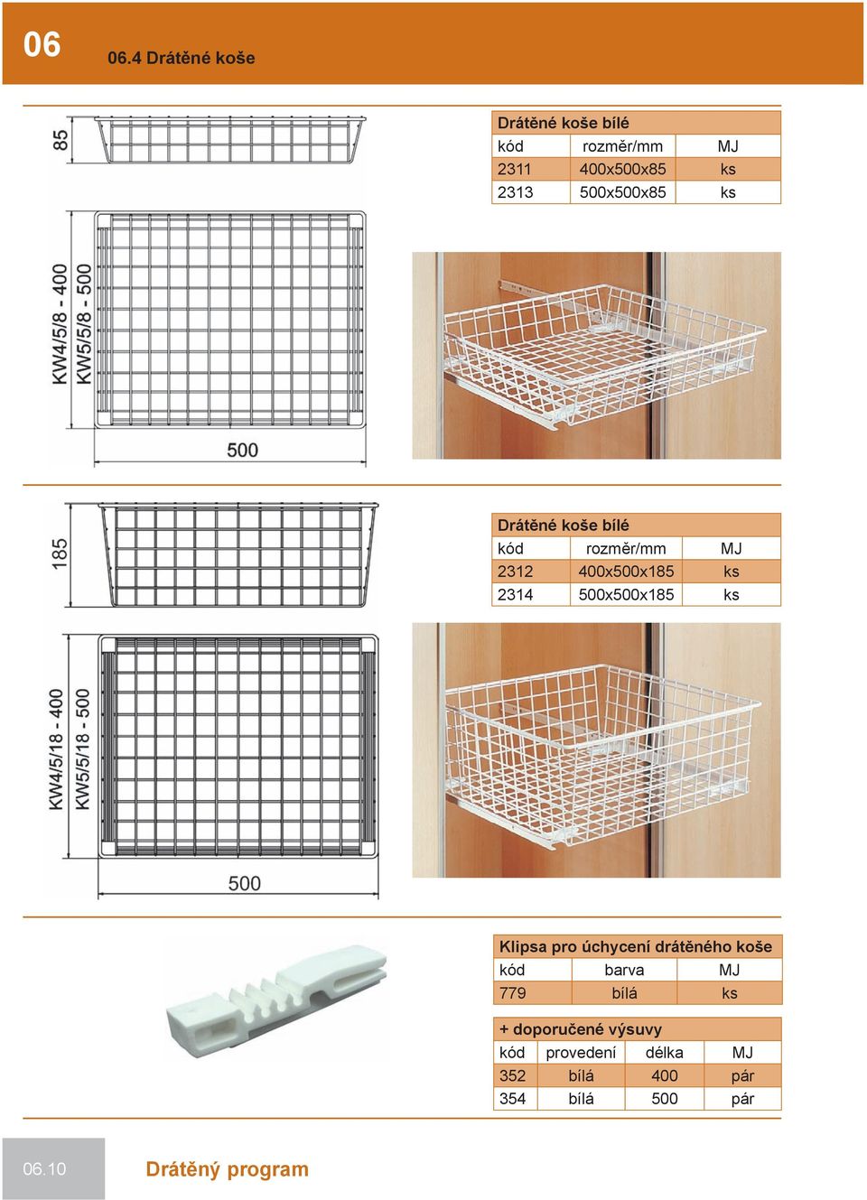 500x500x85 ks Drátěné koše bílé kód rozměr/mm MJ 2312 400x500x185 ks 2314