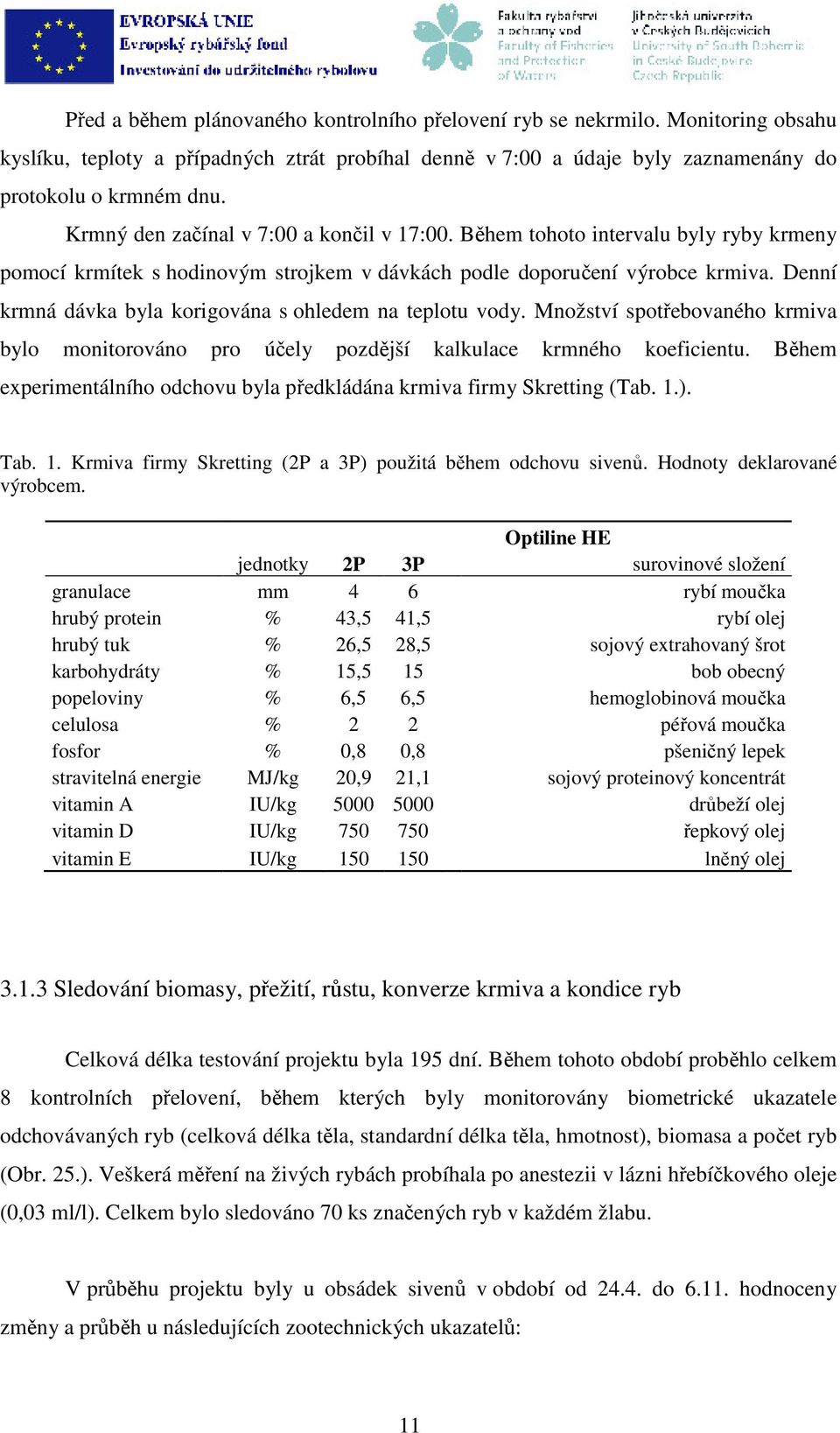 Denní krmná dávka byla korigována s ohledem na teplotu vody. Množství spotřebovaného krmiva bylo monitorováno pro účely pozdější kalkulace krmného koeficientu.