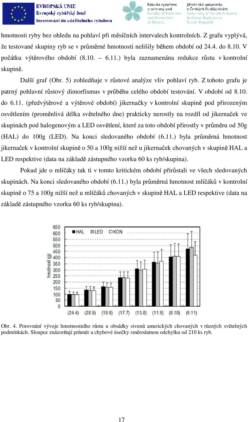 Z tohoto grafu je patrný pohlavní růstový dimorfismus v průběhu celého období testování. V období od 8.10. do 6.11.