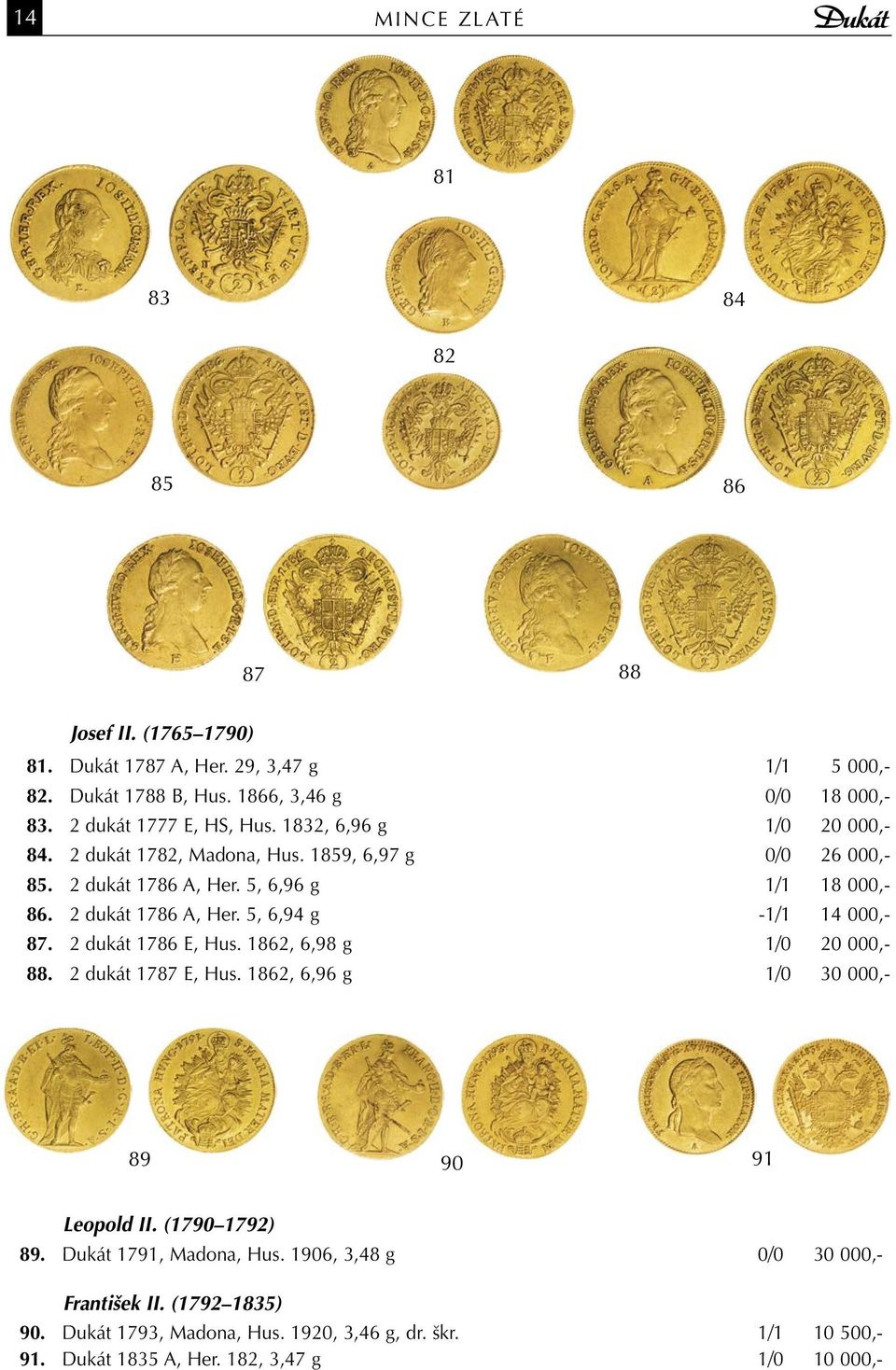 2 dukát 1786 A, Her. 5, 6,94 g -1/1 14 000,- 87. 2 dukát 1786 E, Hus. 1862, 6,98 g 1/0 20 000,- 88. 2 dukát 1787 E, Hus. 1862, 6,96 g 1/0 30 000,- 89 90 91 Leopold II.