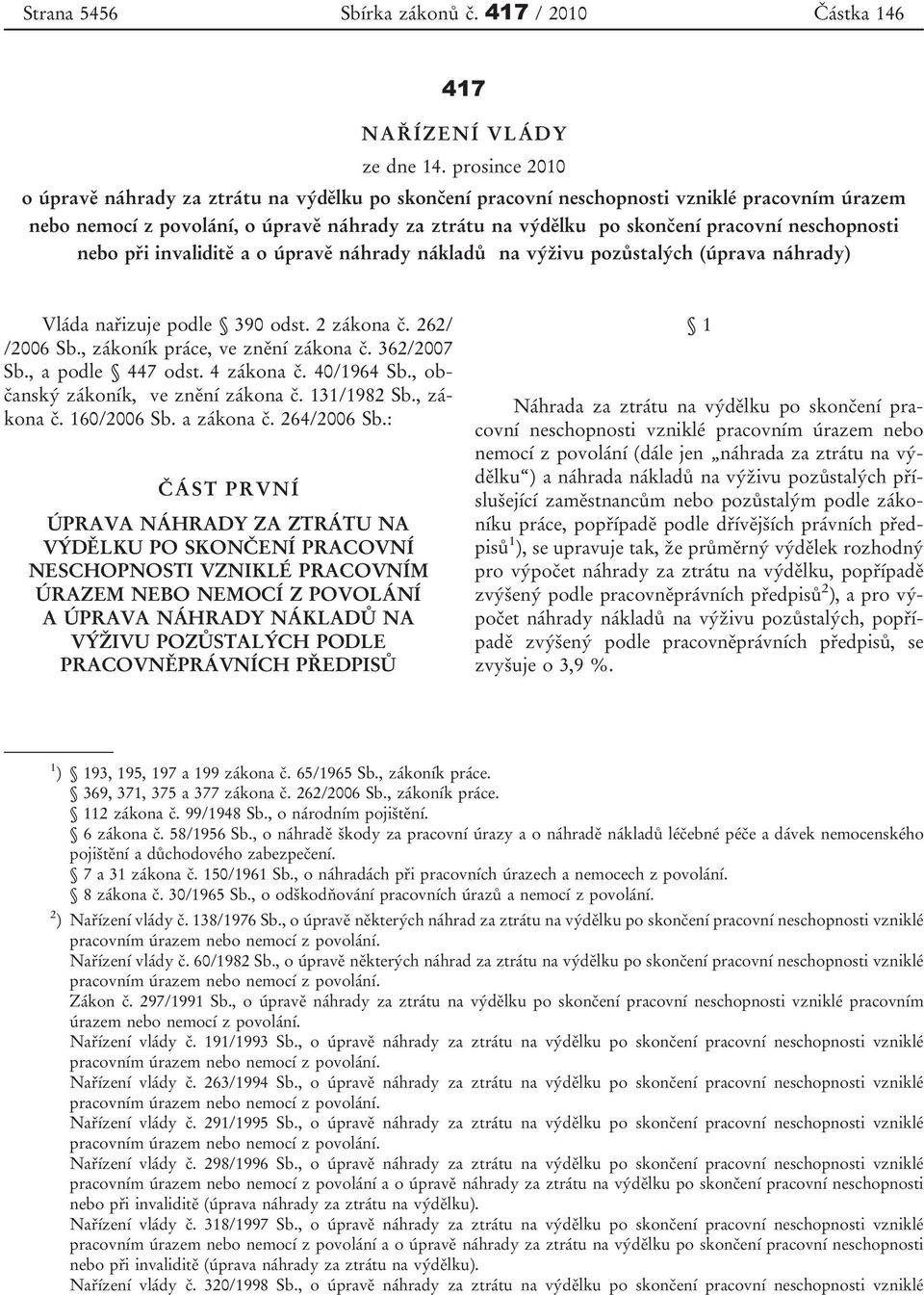 neschopnosti nebo při invaliditě a o úpravě náhrady nákladů na výživu pozůstalých (úprava náhrady) Vláda nařizuje podle 390 odst. 2 zákona č. 262/ /2006 Sb., zákoník práce, ve znění zákona č.