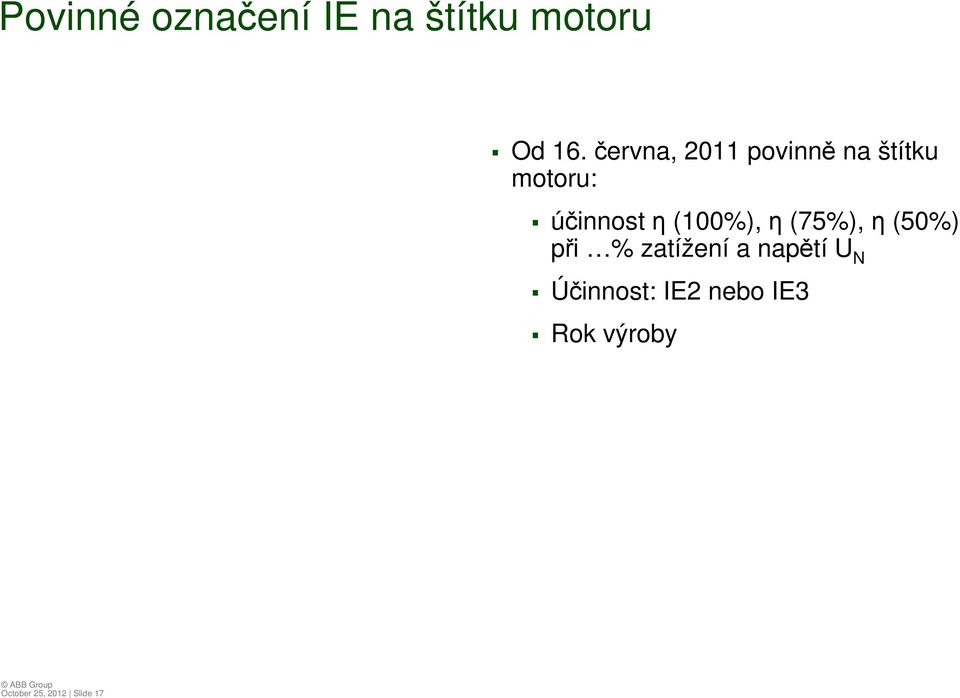 (100%), η (75%), η (50%) při % zatížení a napětí U