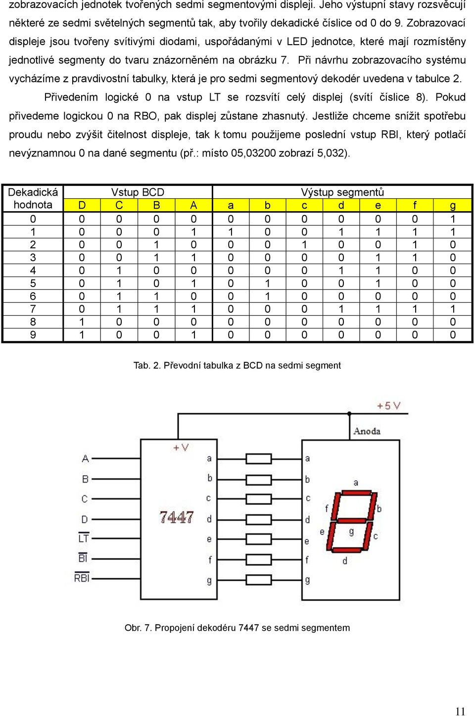 Při návrhu zobrazovacího systému vycházíme z pravdivostní tabulky, která je pro sedmi segmentový dekodér uvedena v tabulce 2.