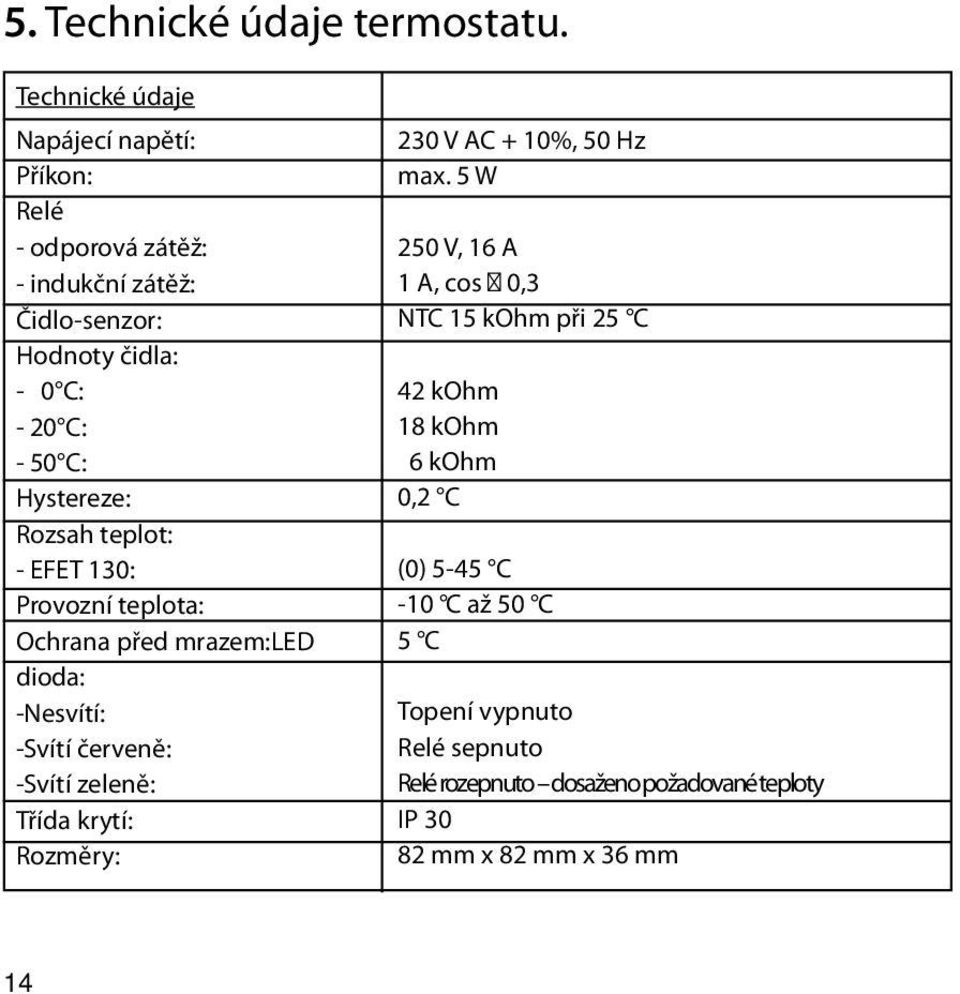 Hystereze: Rozsah teplot: - EFET 130: Provozní teplota: Ochrana před mrazem:led dioda: -Nesvítí: -Svítí červeně: -Svítí zeleně: Třída