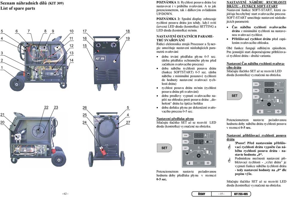 NASTAVENÍ OSTATNÍCH PARAME- TRŮ SVAŘOVÁNÍ Řídící elektronika strojů Processor a Synergic umožňuje nastavení následujících parametrů svařování: dobu trvání předfuku plynu 0- sec.