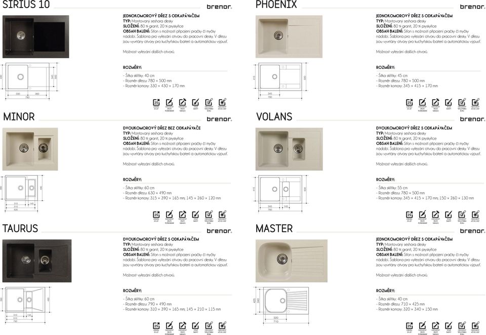 Šířka skříňky: 55 cm - Rozměr dřezu: 780 500 mm - Rozměr komory: 345 415 170 mm; 150 260 130 mm - Rozměr dřezu: 790 490 mm -