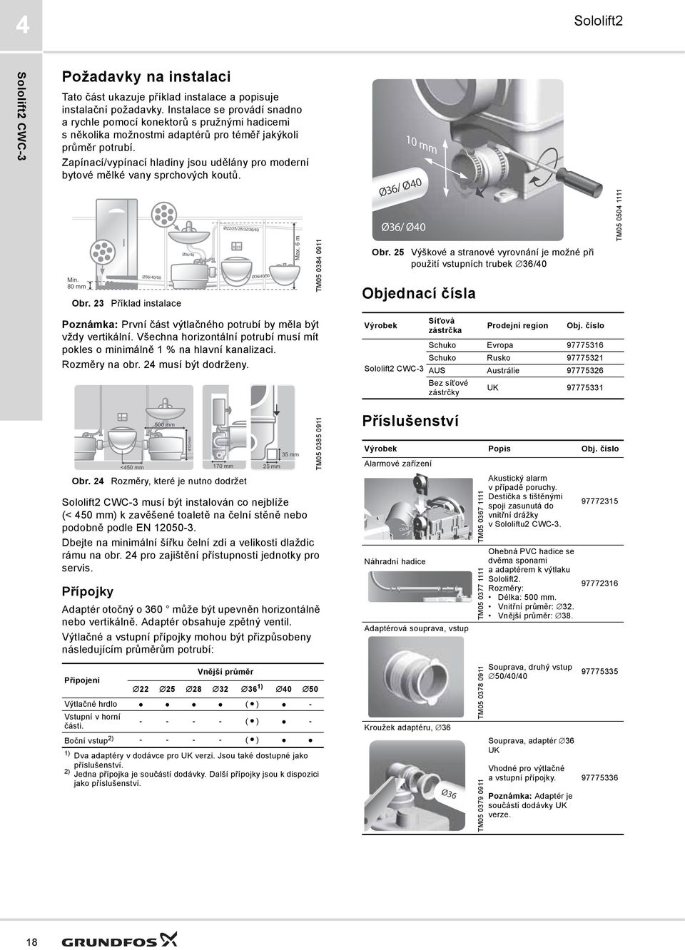 Zapínací/vypínací hladiny jsou udělány pro moderní bytové mělké vany sprchových koutů. Min. 80 mm Ø6/40/0 Obr. 2 Příklad instalace Ø6/40 Ø22/2/28/2/6/40 Ø6/40/0 Max.