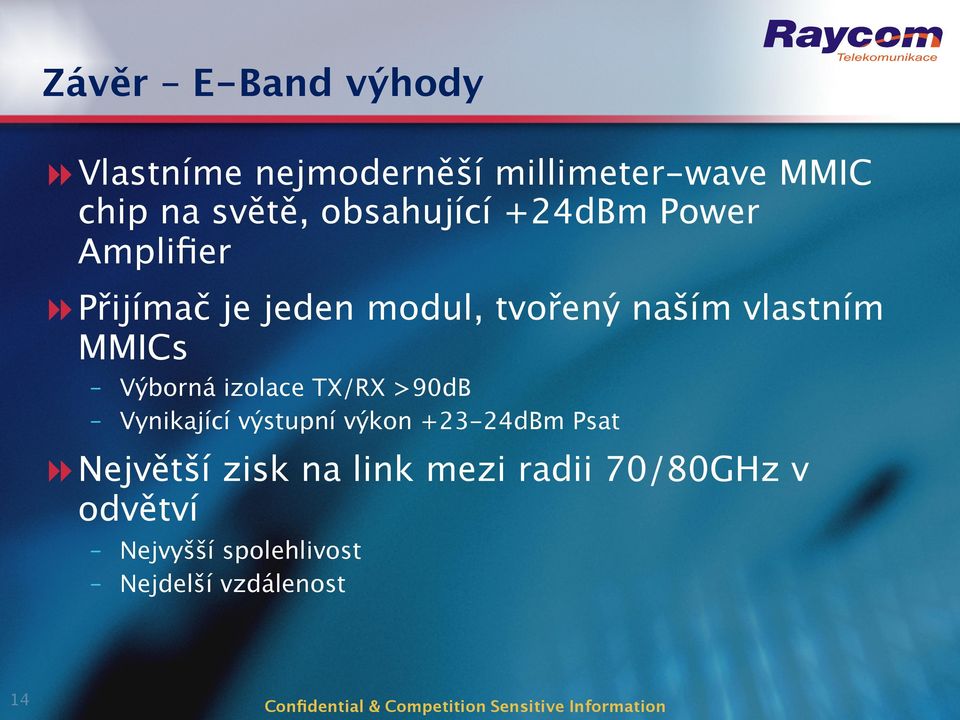 MMICs Výborná izolace TX/RX >90dB Vynikající výstupní výkon +23-24dBm Psat