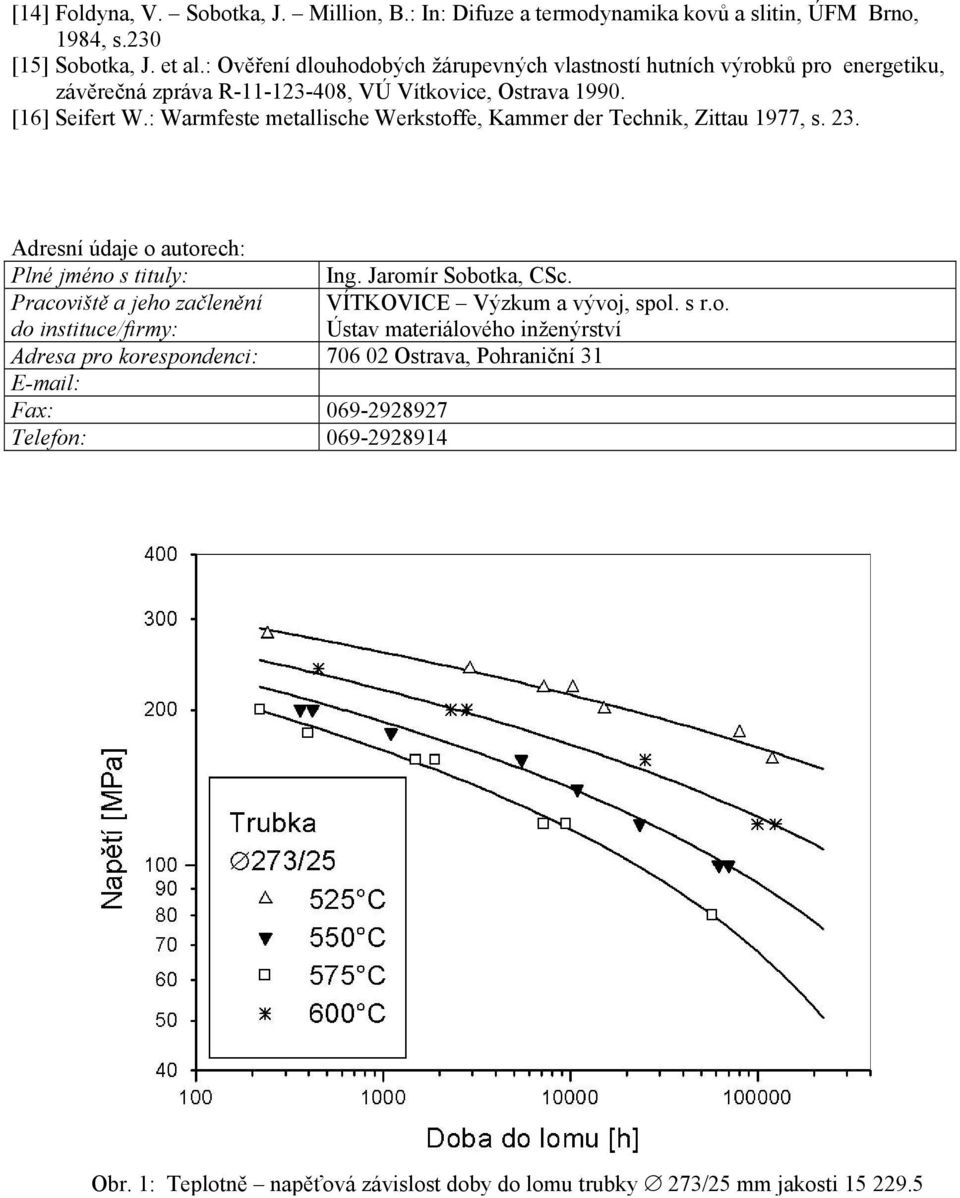 : Warmfeste metallische Werkstoffe, Kammer der Technik, Zittau 1977, s. 23. Adresní údaje o autorech: Plné jméno s tituly: Ing. Jaromír Sobotka, CSc.