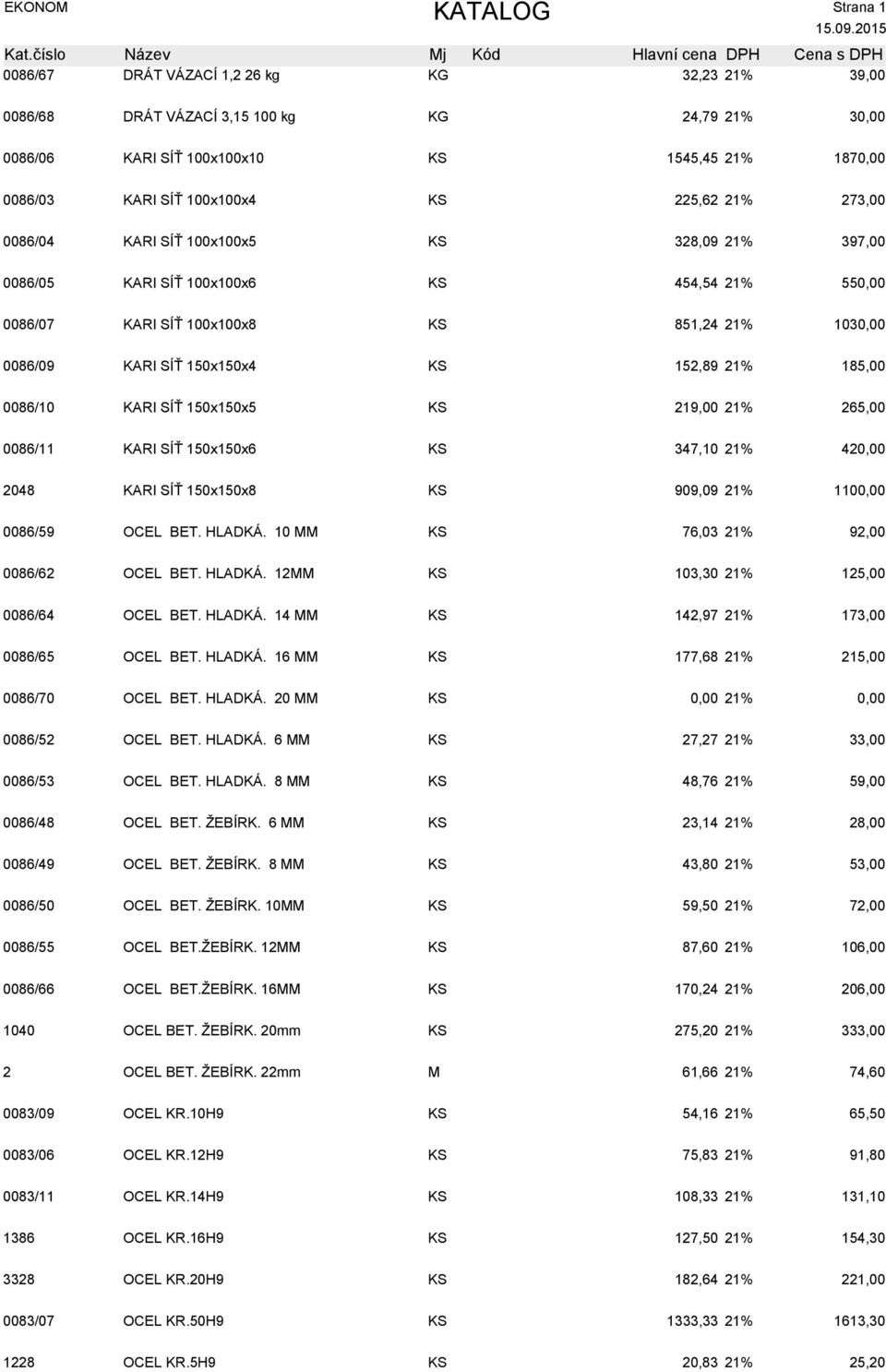 SÍŤ 150x150x5 KS 219,00 21% 265,00 0086/11 KARI SÍŤ 150x150x6 KS 347,10 21% 42 2048 KARI SÍŤ 150x150x8 KS 909,09 21% 110 0086/59 OCEL BET. HLADKÁ. 10 MM KS 76,03 21% 92,00 0086/62 OCEL BET. HLADKÁ. 12MM KS 103,30 21% 125,00 0086/64 OCEL BET.