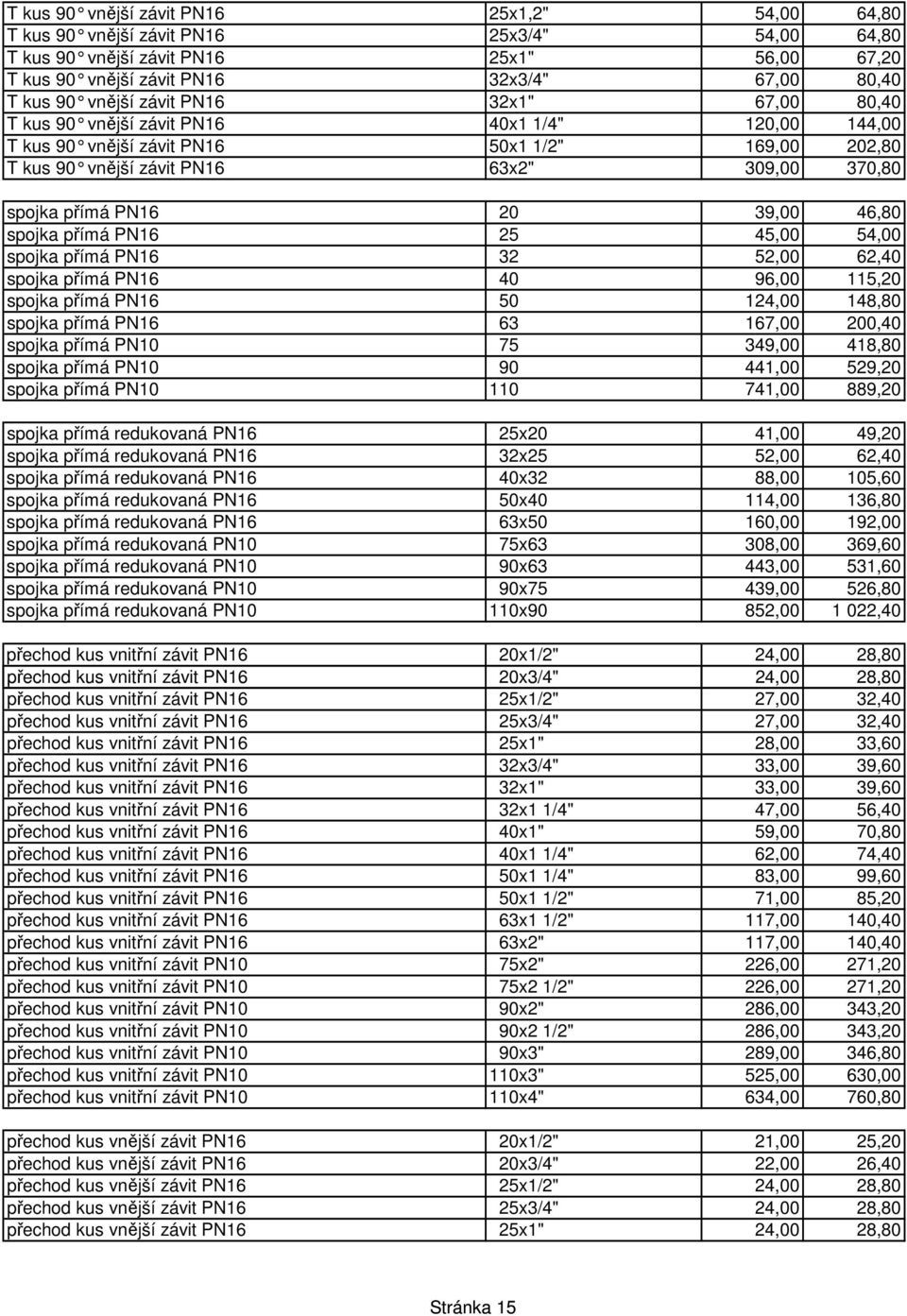 přímá PN16 20 39,00 46,80 spojka přímá PN16 25 45,00 54,00 spojka přímá PN16 32 52,00 62,40 spojka přímá PN16 40 96,00 115,20 spojka přímá PN16 50 124,00 148,80 spojka přímá PN16 63 167,00 200,40