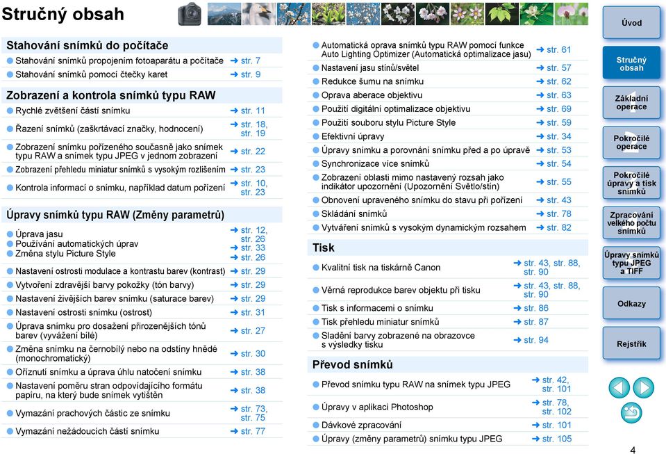 Kontrola informací o snímku, například datum pořízení Úpravy typu RAW (Změny parametrů) Úprava jasu Používání automatických úprav Změna stylu Picture Style str.