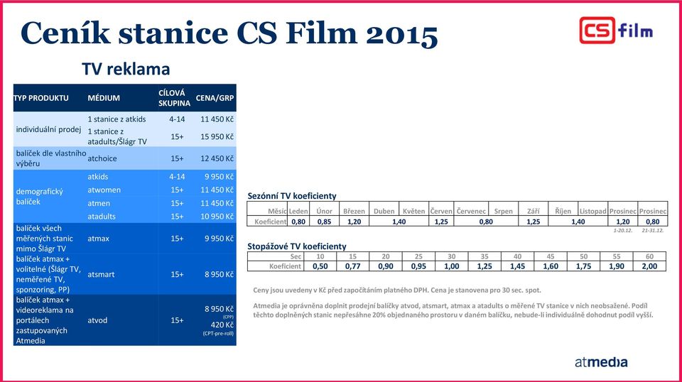 na portálech zastupovaných Atmedia atkids 4-14 9 950 Kč atwomen 15+ 11 450 Kč atmen 15+ 11 450 Kč atadults 15+ 10 950 Kč atmax 15+ 9 950 Kč atsmart 15+ 8 950 Kč atvod 15+ 8 950 Kč (CPP) 420 Kč