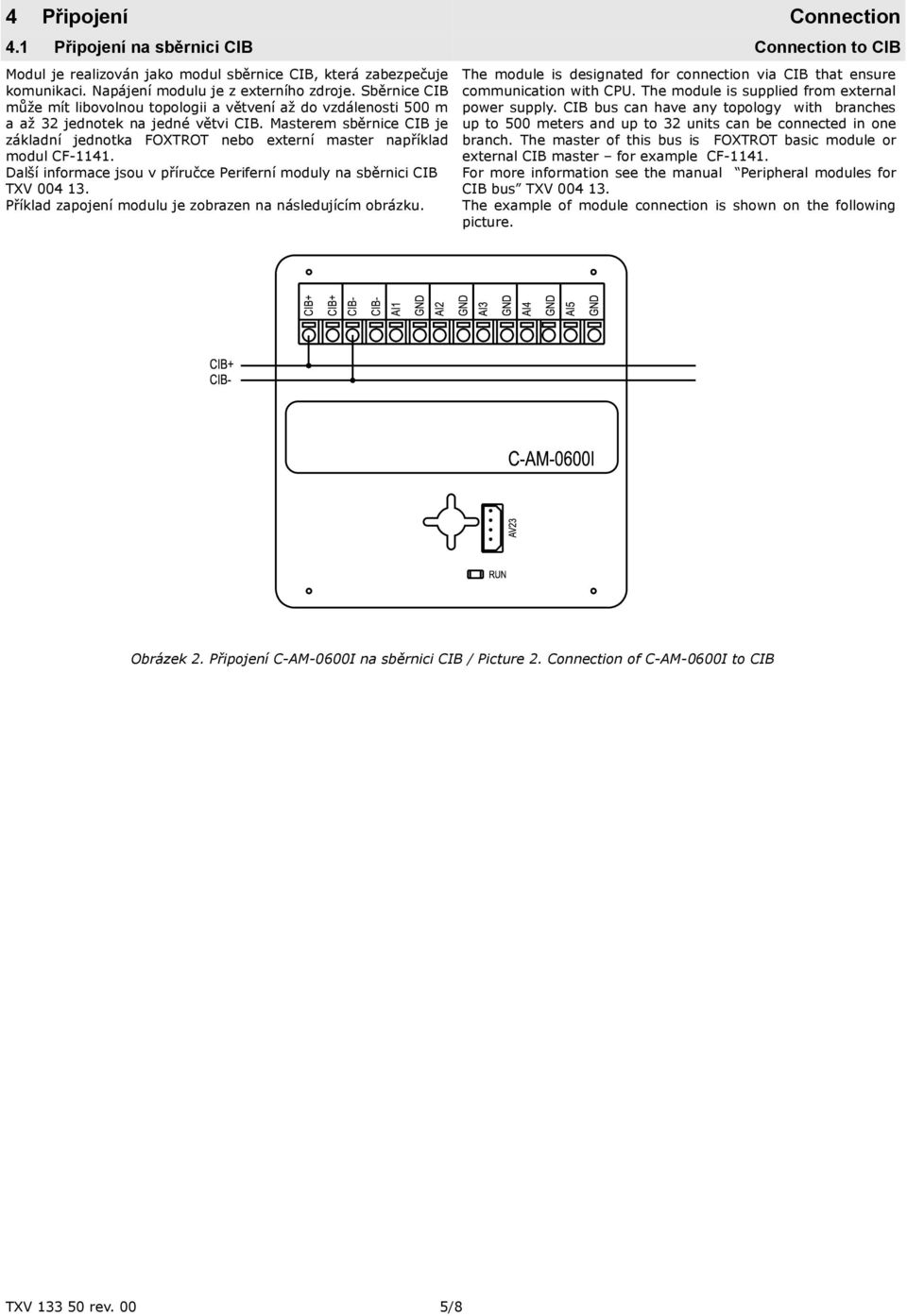 Masterem sběrnice CIB je základní jednotka FOXTROT nebo externí master například modul CF-1141. Další informace jsou v příručce Periferní moduly na sběrnici CIB TXV 004 13.