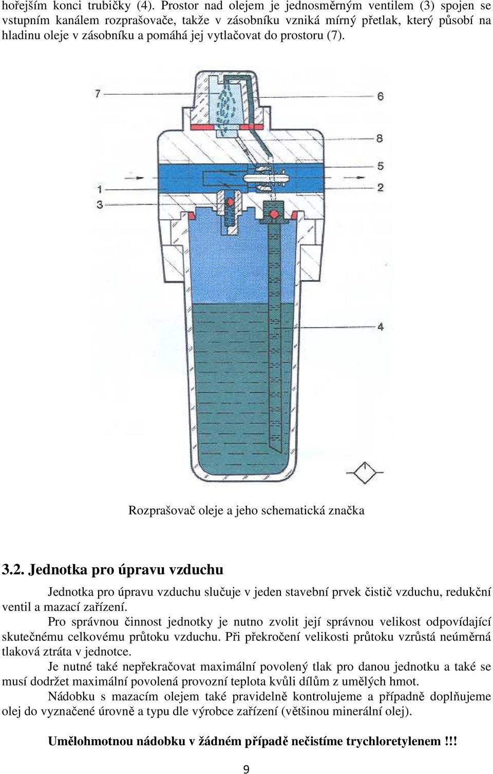 prostoru (7). Rozprašovač oleje a jeho schematická značka 3.2. Jednotka pro úpravu vzduchu Jednotka pro úpravu vzduchu slučuje v jeden stavební prvek čistič vzduchu, redukční ventil a mazací zařízení.