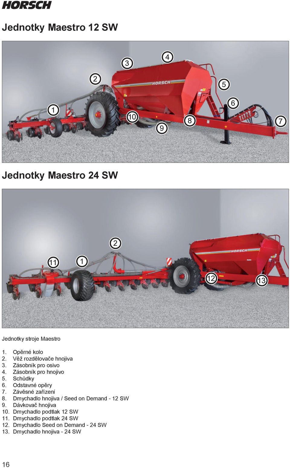 Odstavné opěry 7. Závěsné zařízení 8. Dmychadlo hnojiva / Seed on Demand - 12 SW 9. Dávkovač hnojiva 10.