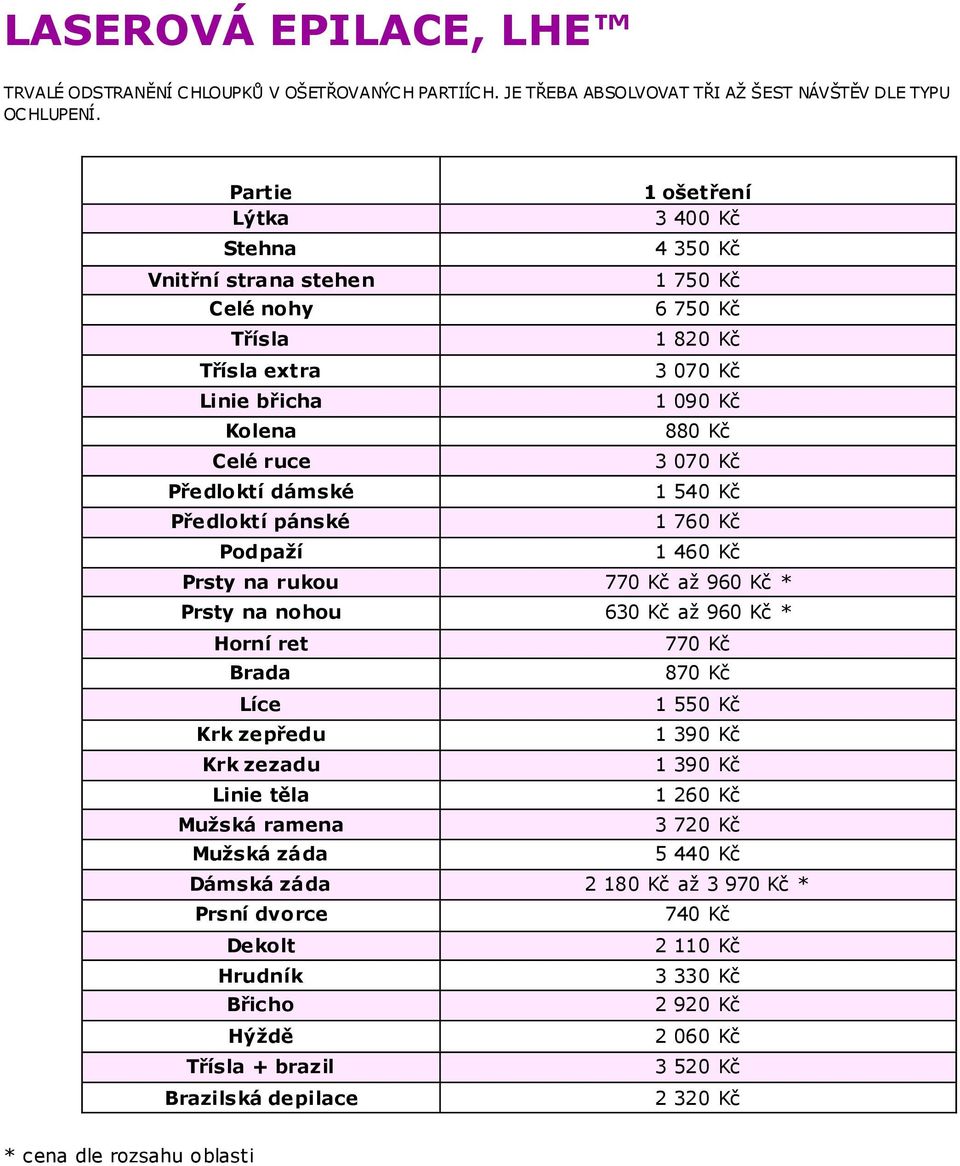 Předloktí dámské 1 540 Kč Předloktí pánské 1 760 Kč Podpaží 1 460 Kč Prsty na rukou 770 Kč až 960 Kč * Prsty na nohou 630 Kč až 960 Kč * Horní ret 770 Kč Brada 870 Kč Líce 1 Krk zepředu 1 390 Kč Krk