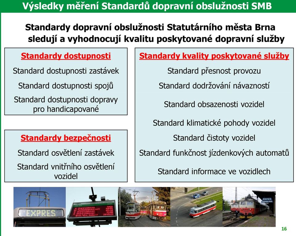 handicapované Standardy bezpečnosti Standard osvětlení zastávek Standard vnitřního osvětlení vozidel Standard přesnost provozu Standard dodržování návazností