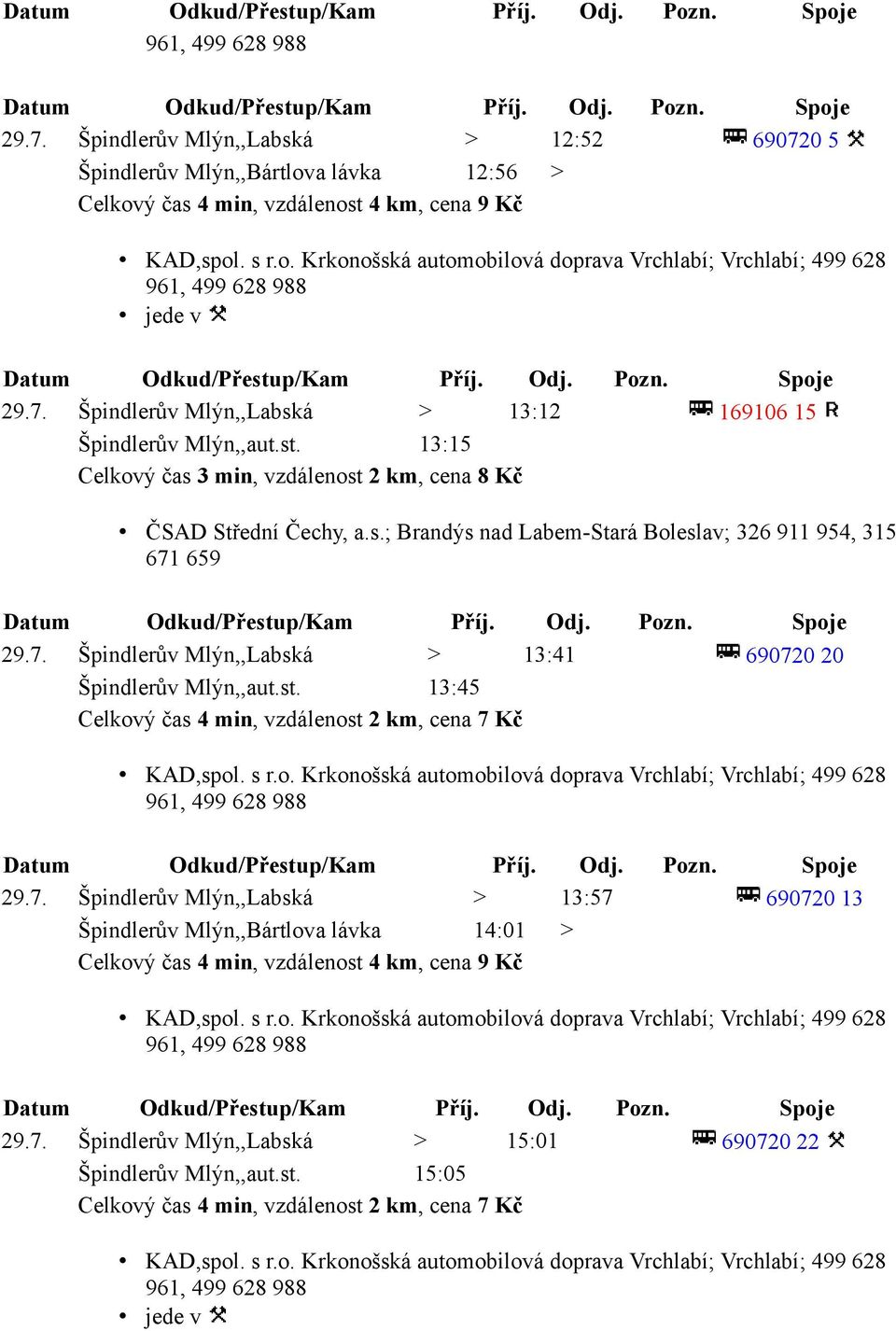 7. Špindlerův Mlýn,,Labská > 13:41 690720 20 Špindlerův Mlýn,,aut.st. 13:45 29.7. Špindlerův Mlýn,,Labská > 13:57 690720 13 Špindlerův Mlýn,,Bártlova lávka 14:01 > 29.