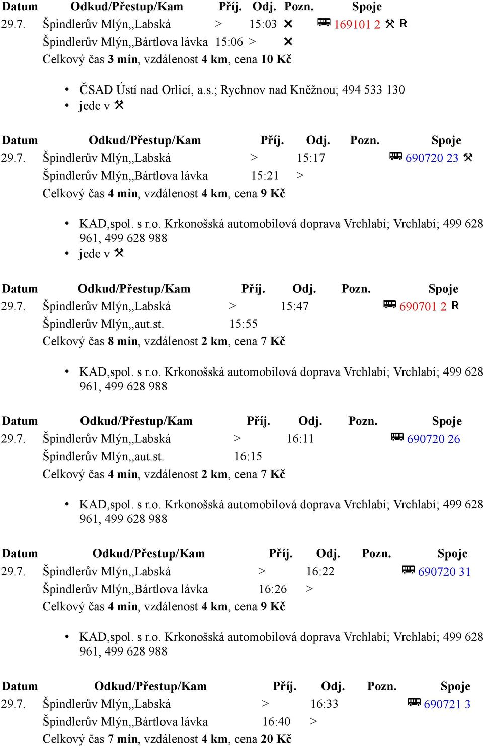 15:55 Celkový čas 8 min, vzdálenost 2 km, cena 7 Kč 29.7. Špindlerův Mlýn,,Labská > 16:11 690720 26 Špindlerův Mlýn,,aut.st. 16:15 29.7. Špindlerův Mlýn,,Labská > 16:22 690720 31 Špindlerův Mlýn,,Bártlova lávka 16:26 > 29.