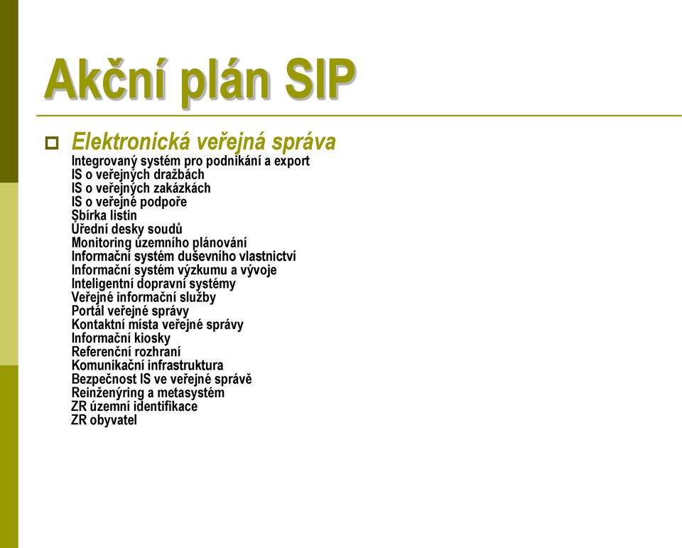 výzkumu a vývoje Inteligentní dopravní systémy Veřejné informační služby Portál veřejné správy Kontaktní místa veřejné správy Informační