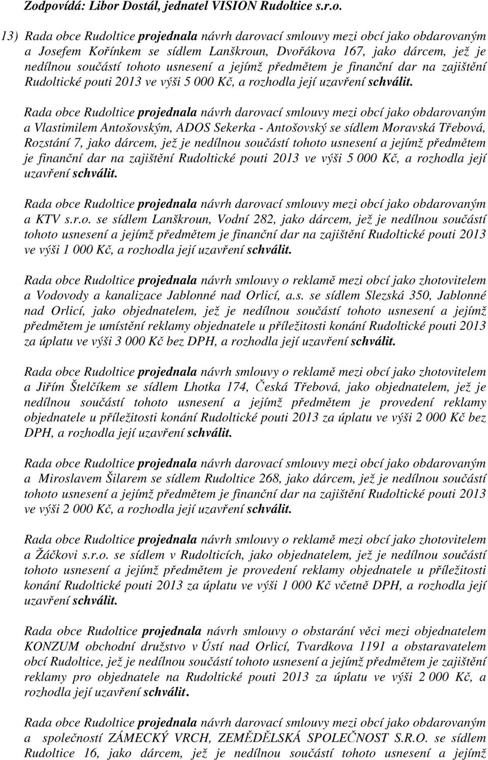 Rudoltické pouti 2013 ve výši 5 000 Kč, a rozhodla její a KTV s.r.o. se sídlem Lanškroun, Vodní 282, jako dárcem, jež je nedílnou součástí tohoto usnesení a jejímž předmětem je finanční dar na