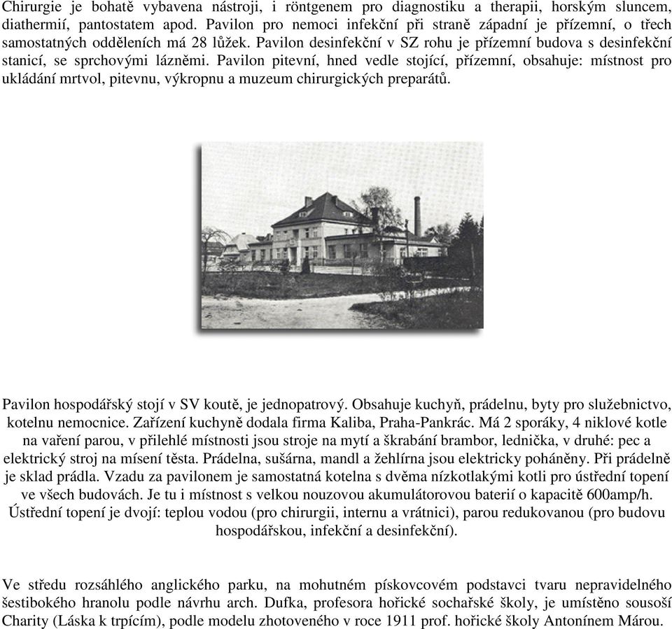 Pavilon pitevní, hned vedle stojící, přízemní, obsahuje: místnost pro ukládání mrtvol, pitevnu, výkropnu a muzeum chirurgických preparátů. Pavilon hospodářský stojí v SV koutě, je jednopatrový.