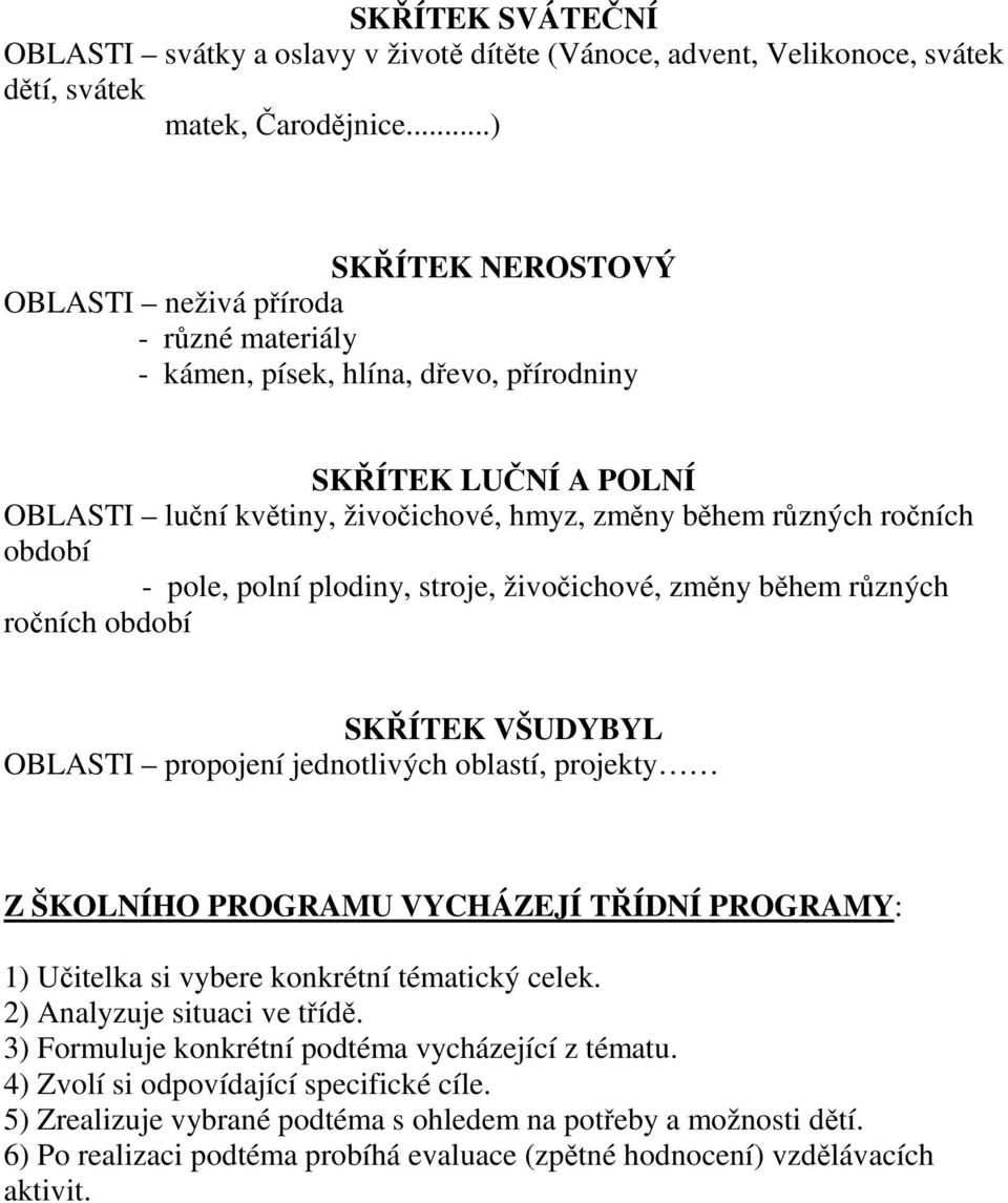 období - pole, polní plodiny, stroje, živočichové, změny během různých ročních období SKŘÍTEK VŠUDYBYL OBLASTI propojení jednotlivých oblastí, projekty Z ŠKOLNÍHO PROGRAMU VYCHÁZEJÍ TŘÍDNÍ PROGRAMY: