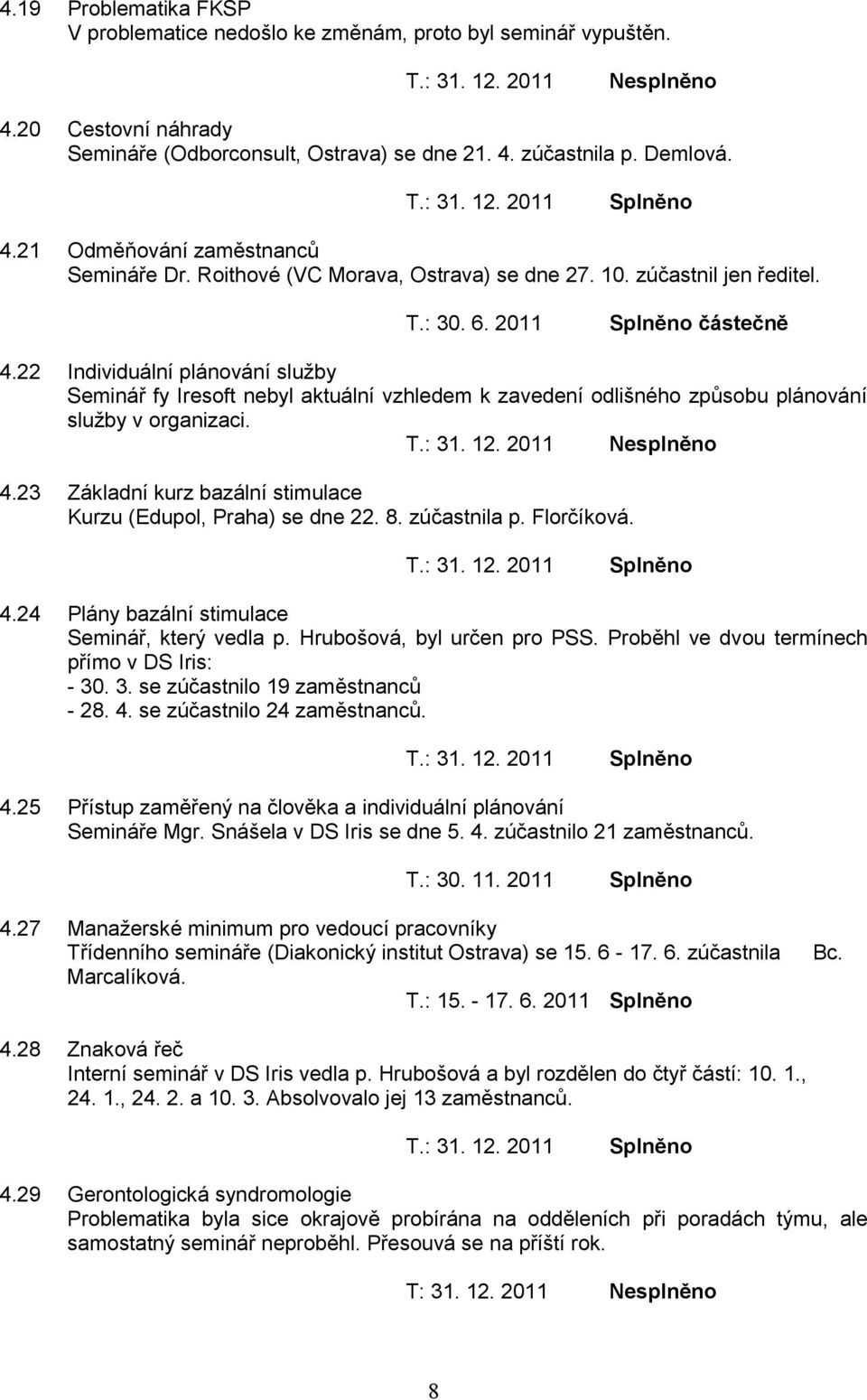 22 Individuální plánování služby Seminář fy Iresoft nebyl aktuální vzhledem k zavedení odlišného způsobu plánování služby v organizaci. Nesplněno 4.