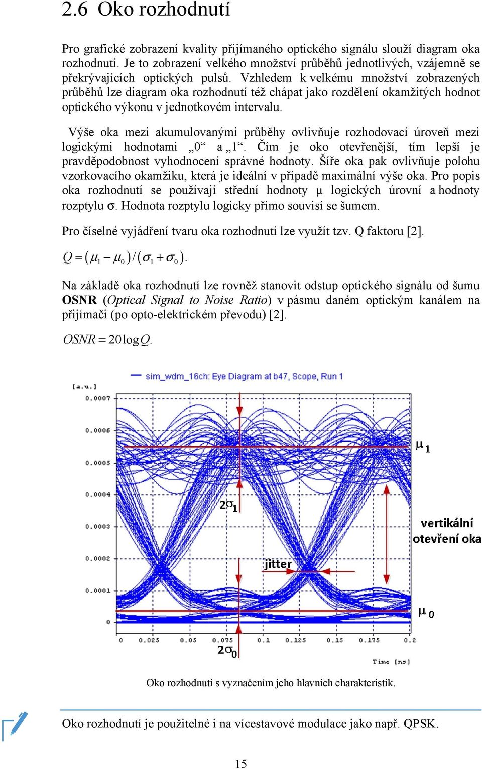 Vzhledem k velkému množství zobrazených průběhů lze diagram oka rozhodnutí též chápat jako rozdělení okamžitých hodnot optického výkonu v jednotkovém intervalu.