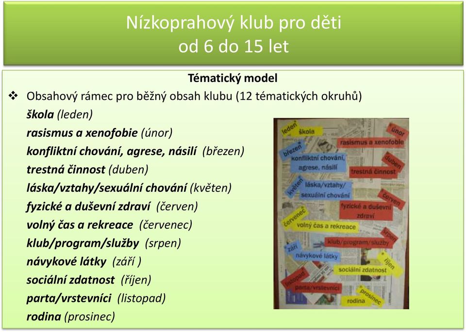 (duben) láska/vztahy/sexuální chování (květen) fyzické a duševní zdraví (červen) volný čas a rekreace (červenec)