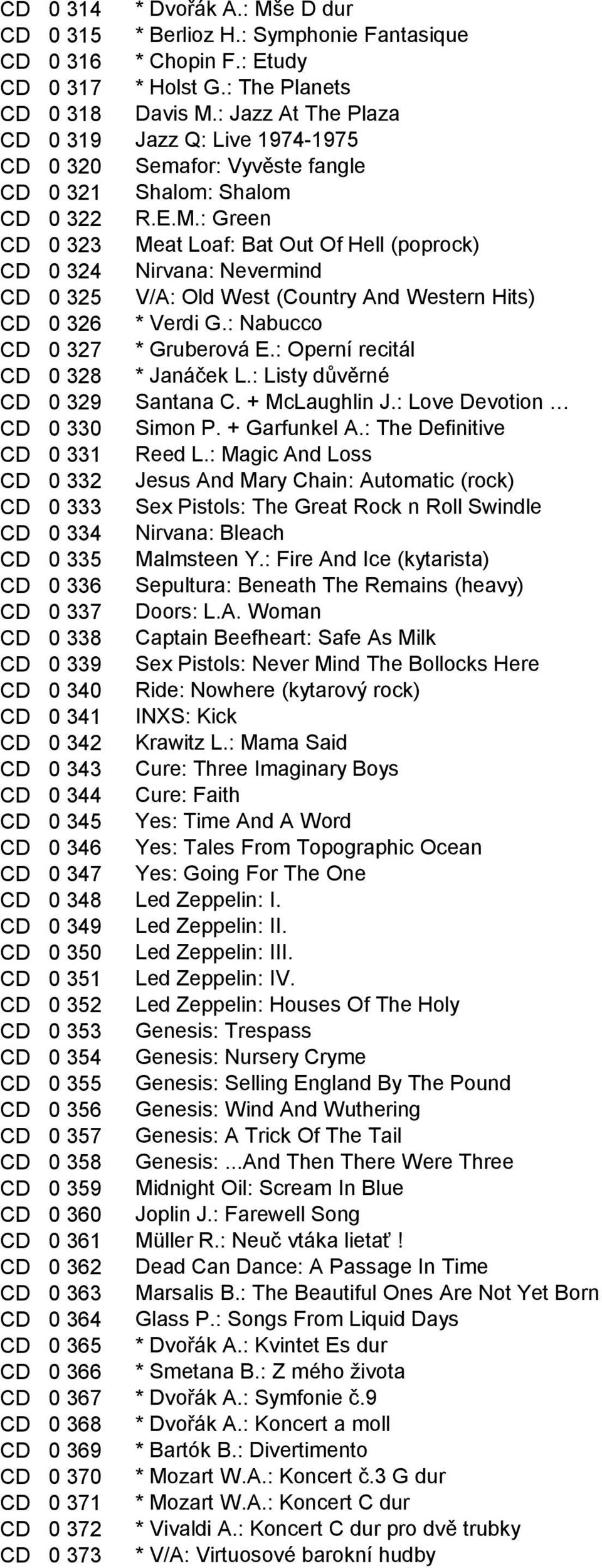 : Green CD 0 323 Meat Loaf: Bat Out Of Hell (poprock) CD 0 324 Nirvana: Nevermind CD 0 325 V/A: Old West (Country And Western Hits) CD 0 326 * Verdi G.: Nabucco CD 0 327 * Gruberová E.