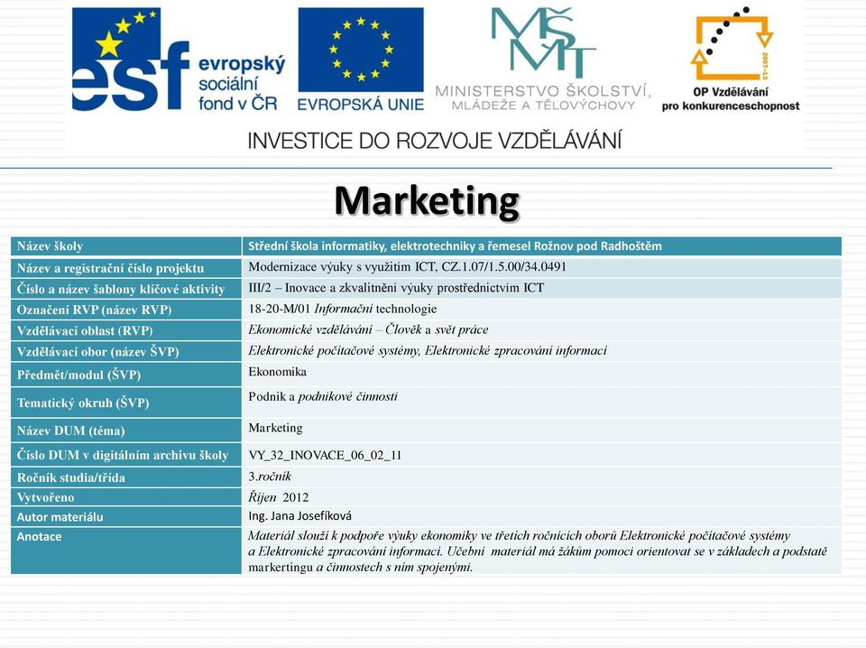 systémy a Elektronické zpracování informací.