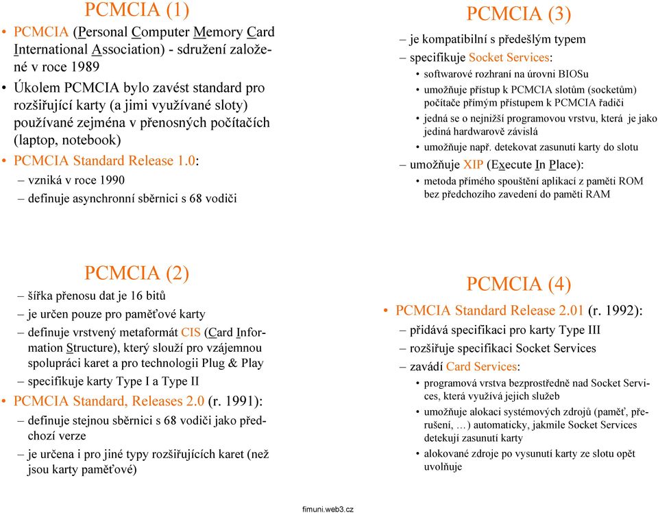 0: vzniká v roce 1990 definuje asynchronní sběrnici s 68 vodiči PCMCIA (3) je kompatibilní s předešlým typem specifikuje Socket Services: softwarové rozhraní na úrovni BIOSu umožňuje přístup k PCMCIA