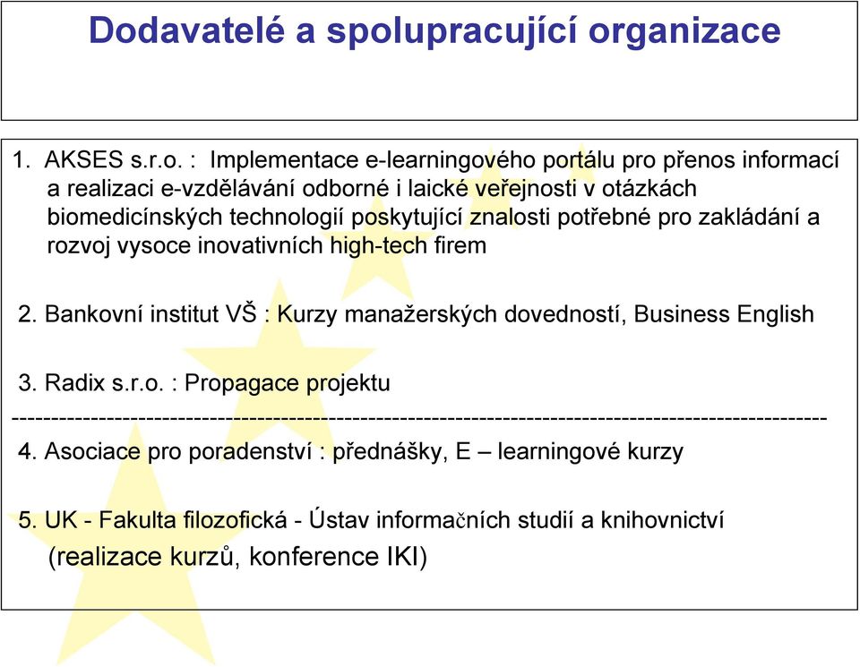 Bankovní institut VŠ : Kurzy manažerských dovedností, Business English 3. Radix s.r.o. : Propagace projektu ------------------------------------------------------------------------------------------------------- 4.