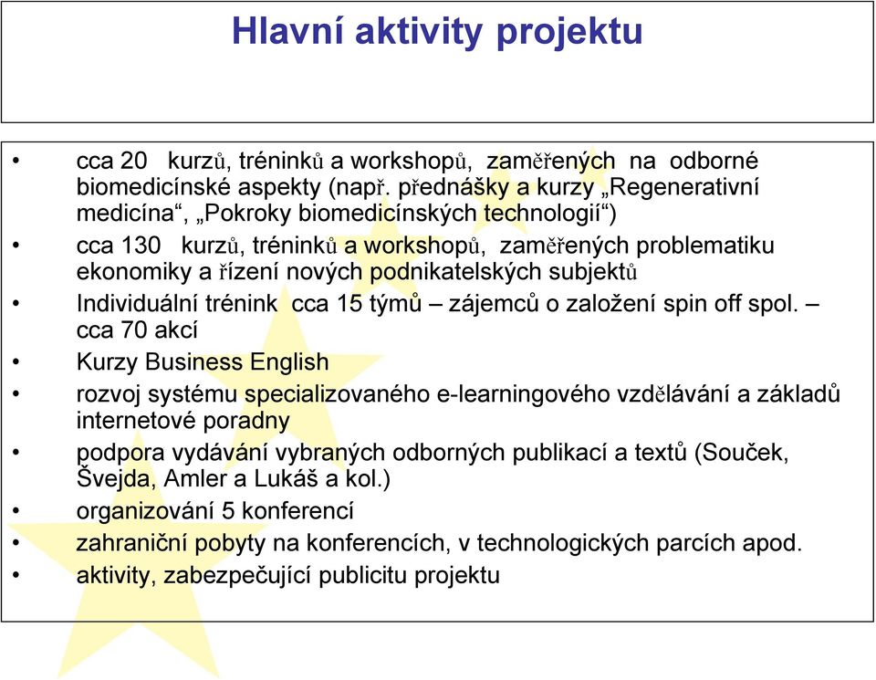podnikatelských subjektů Individuální trénink cca 15 týmů zájemců o založení spin off spol.