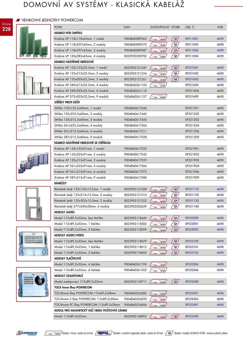 SP331601 Krabice AP 123x213x32,5mm, 2 moduly 8023903121254 SP331602 Krabice AP 123x303x32,5mm, 3 moduly 8023903121261 SP331603 Krabice AP 249x213x32,5mm, 4 moduly 9004840261103 SP331604 Krabice AP