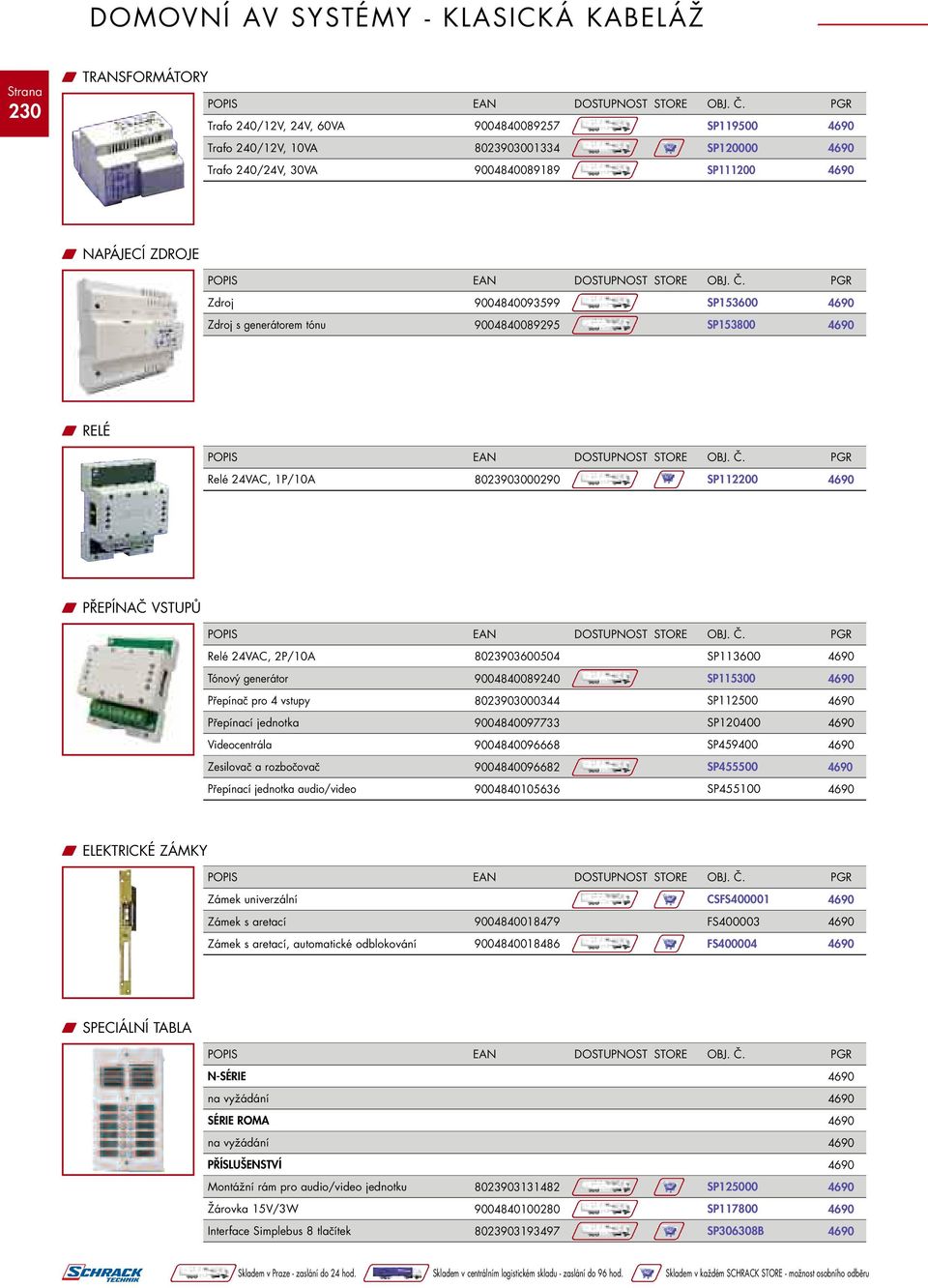 SP113600 Tónový generátor 9004840089240 SP115300 Přepínač pro 4 vstupy 8023903000344 SP112500 Přepínací jednotka 9004840097733 SP120400 Videocentrála 9004840096668 SP459400 Zesilovač a rozbočovač