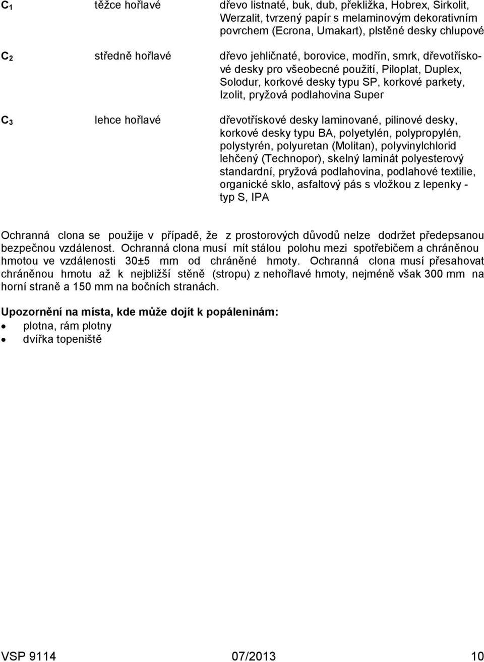 hořlavé dřevotřískové desky laminované, pilinové desky, korkové desky typu BA, polyetylén, polypropylén, polystyrén, polyuretan (Molitan), polyvinylchlorid lehčený (Technopor), skelný laminát