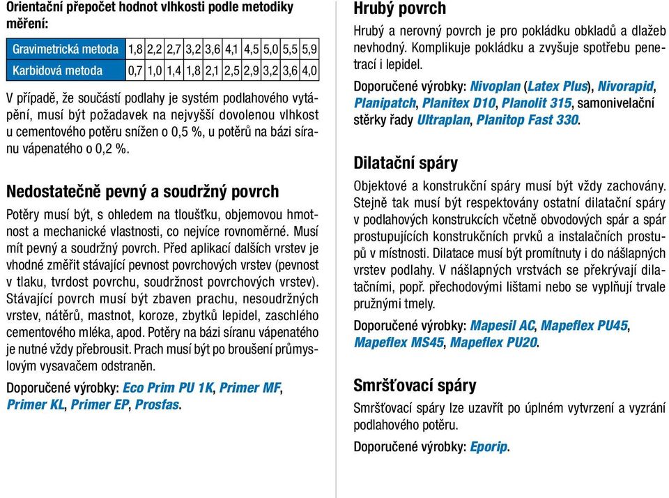 Nedostatečně pevný a soudržný povrch Potěry musí být, s ohledem na tloušťku, objemovou hmotnost a mechanické vlastnosti, co nejvíce rovnoměrné. Musí mít pevný a soudržný povrch.