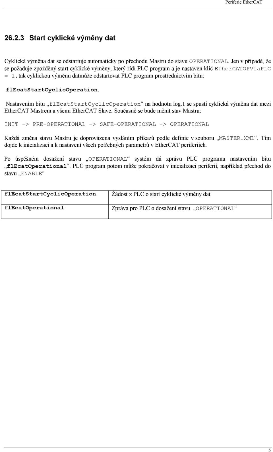 flecatstartcyclicoperation. Nastavením bitu flecatstartcyclicoperation na hodnotu log.1 se spustí cyklická výměna dat mezi EtherCAT Mastrem a všemi EtherCAT Slave.