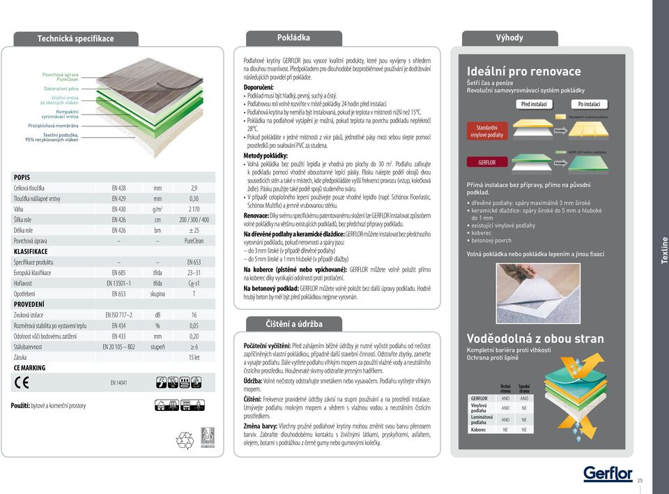 PureClean Klasifikace Specifikace produktu EN 653 Evropská klasifikace EN 685 třída 23 31 Hořlavost EN 13501 1 třída Cfl-s1 Opotřebení EN 653 skupina T Provedení Zvuková izolace EN ISO 717 2 db 16