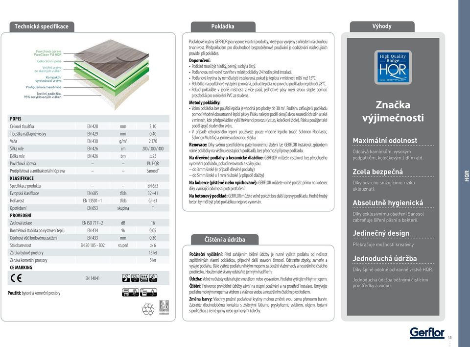 HQR Protiplísňová a antibakteriální úprava Sanosol Klasifikace Specifikace produktu EN 653 Evropská klasifikace EN 685 třída 32 41 Hořlavost EN 13501 1 třída Cfl-s1 Opotřebení EN 653 skupina T