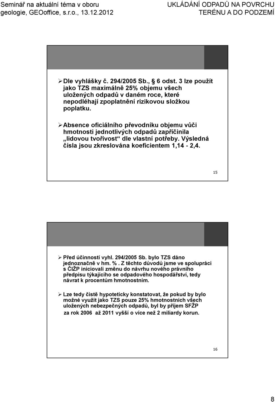 15 Před účinností vyhl. 294/2005 Sb. bylo TZS dáno jednoznačně v hm. %.