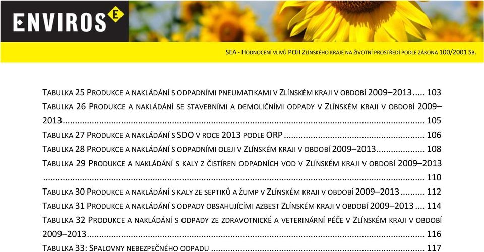 .. 106 TABULKA 28 PRODUKCE A NAKLÁDÁNÍ S ODPADNÍMI OLEJI V ZLÍNSKÉM KRAJI V OBDOBÍ 2009 2013... 108 TABULKA 29 PRODUKCE A NAKLÁDÁNÍ S KALY Z ČISTÍREN ODPADNÍCH VOD V ZLÍNSKÉM KRAJI V OBDOBÍ 2009 2013.