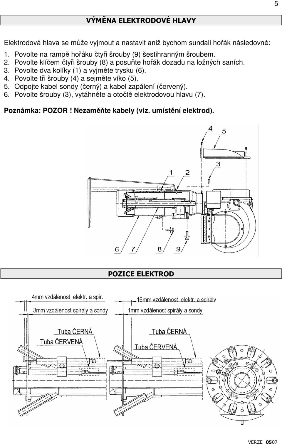 Odpojte kabel sondy (černý) a kabel zapálení (červený). 6. Povolte šrouby (3), vytáhněte a otočtě elektrodovou hlavu (7). Poznámka: POZOR! Nezaměňte kabely (viz. umístění elektrod).