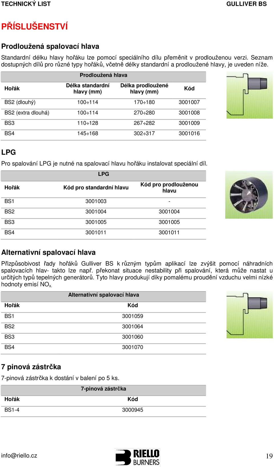 Hořák Prodloužená hlava Délka standardní hlavy (mm) Délka prodloužené hlavy (mm) Kód BS2 (dlouhý) 100 114 170 180 3001007 BS2 (extra dlouhá) 100 114 270 280 3001008 BS3 110 128 267 282 3001009 BS4